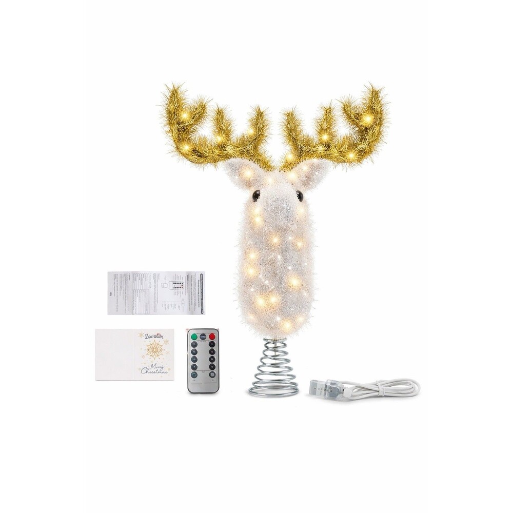 Lewondr Gold Silver Deer Head Tree Topper LED Light USB Remote Christmas